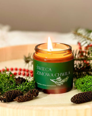 Lumânare vegană de rapiță Moment de iarnă cu parfum de pin, cedru și chihlimbar 120 ml MgLife