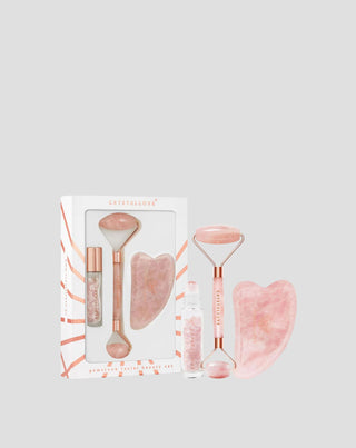 Roller facial + plăcuță gua sha + sticlă roll-on Rose quartz beauty set Crystallove - 1