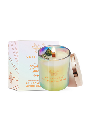 Lumânare de soia cu fluorit curcubeu și șampanie roz într-un recipient de sticlă Crystallove