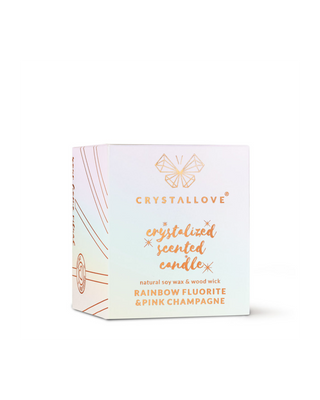 Lumânare de soia cu fluorit curcubeu și șampanie roz într-un recipient de sticlă Crystallove