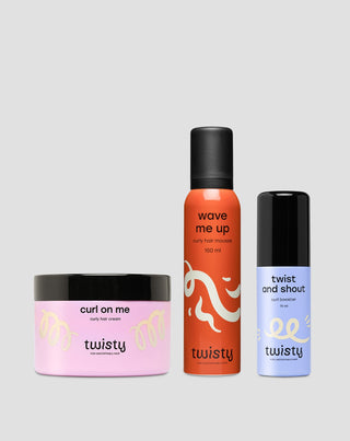 Set cremă + spumă + booster pentru îngrijirea și coafarea părului creț și ondulat Twisty