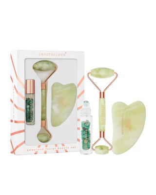 Roller facial + farfurie gua sha + sticla roll-on Jade beauty set Crystallove