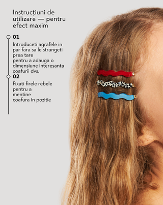 Set de agrafe de par ondulate rosii, marmorate, perle Twisty 3 buc.