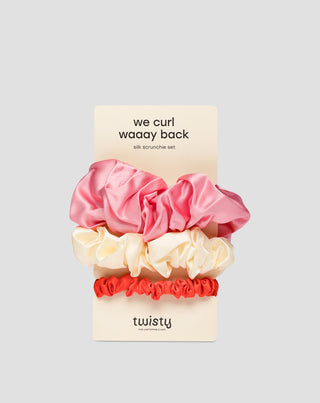 Set de elastice de par din matase naturala 100% - roz, crem, rosu Twisty 3 buc.