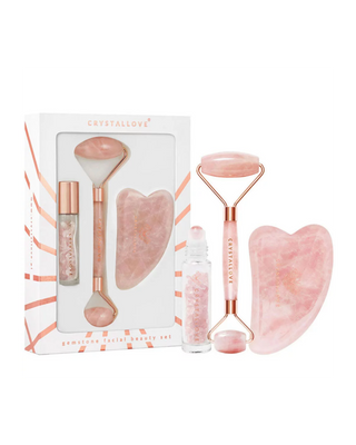 Roller facial + plăcuță gua sha + sticlă roll-on Rose quartz beauty set Crystallove - 1