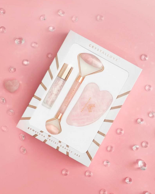Roller facial + plăcuță gua sha + sticlă roll-on Rose quartz beauty set Crystallove - 2